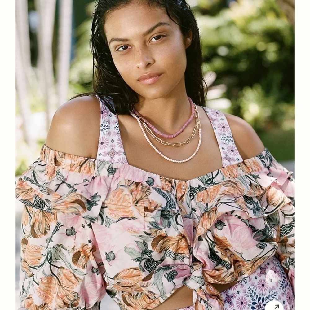 Cecilia Peterson Anthropology Ruffled off the Shoulder Romantic Boho Floral Top